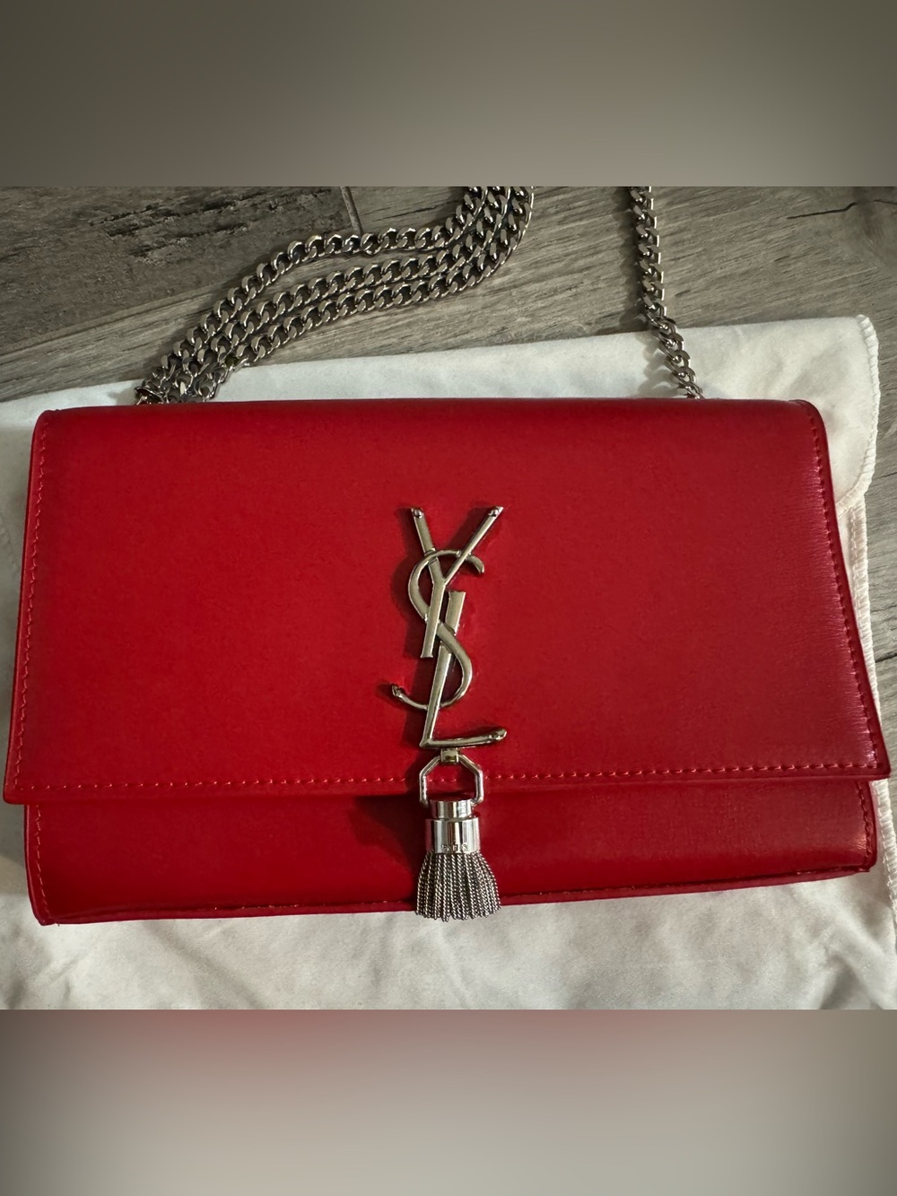 Fashion Red Leather YSL Shoulder Bag with Silver Chain - designer clutch